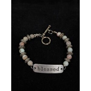 Blessed Bracelet Stone Bead Silver Tone Toggle Clasp 7" Boho Coastal